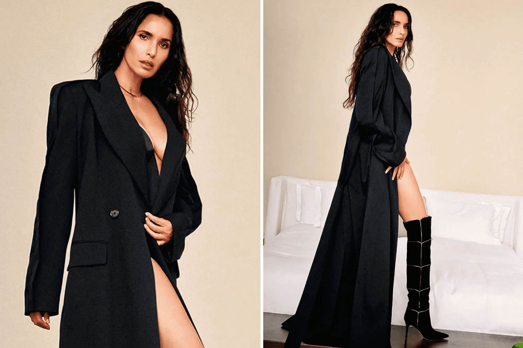 Padma Lakshmi topless photoshoot, Padma Lakshmi trench coat Marie Claire, Padma Lakshmi age 55, Padma Lakshmi comedy career, Padma Lakshmi improv, Padma Lakshmi Brooklyn Comedy Collective, Padma Lakshmi Taste the Nation, Padma Lakshmi leaves Top Chef, Padma Lakshmi fashion 2025, Padma Lakshmi boots photoshoot, celebrity fashion over 50, Kristen Kish Top Chef host