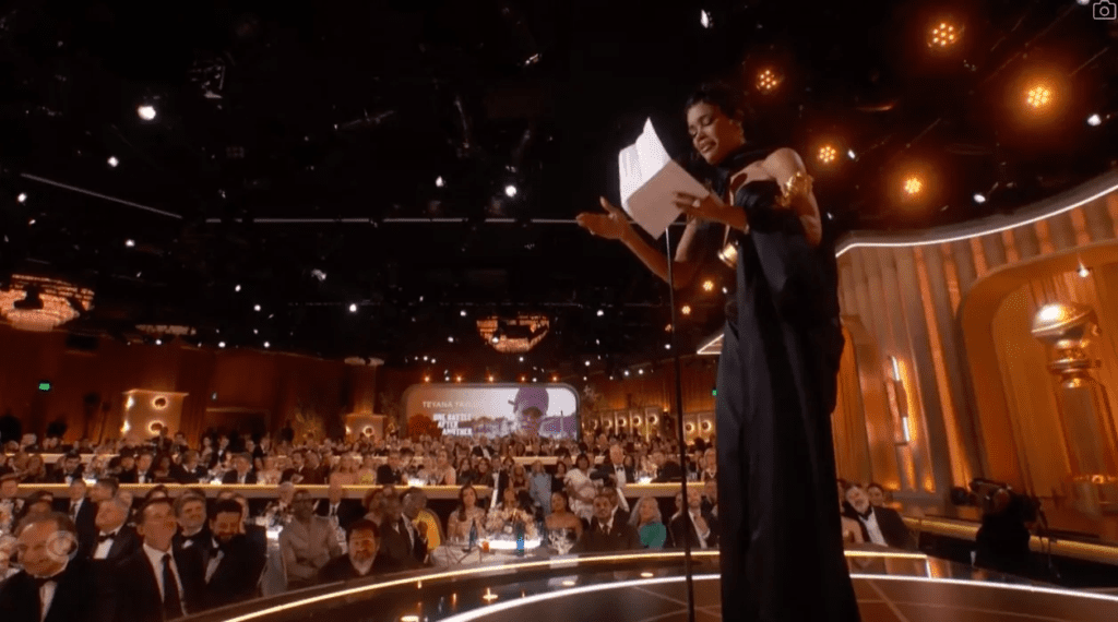 Teyana Taylor Golden Globes speech, Teyana Taylor curses live on stage, Teyana Taylor Best Supporting Actress win, Teyana Taylor One Battle After Another film, Teyana Taylor emotional acceptance speech, Teyana Taylor black gown Golden Globes, Teyana Taylor Paul Thomas Anderson movie, Teyana Taylor Leonardo DiCaprio co‑star, Teyana Taylor Hulu All’s Fair series, Teyana Taylor viral Golden Globes moment