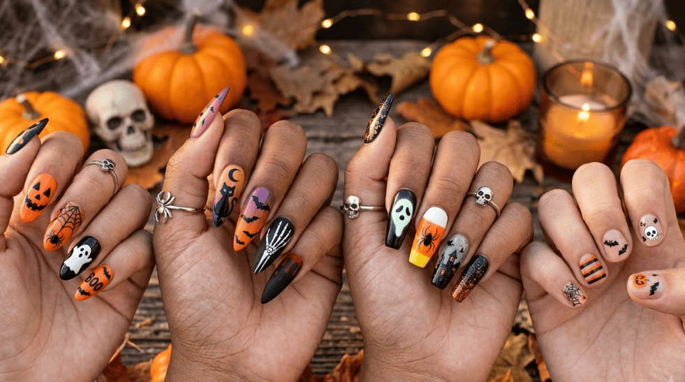 Halloween nails, spooky nail art, cute Halloween nails, pumpkin nail designs, ghost nail ideas, spiderweb manicure, black cat nails, blood drip nails, skull nail art, witch inspired nails