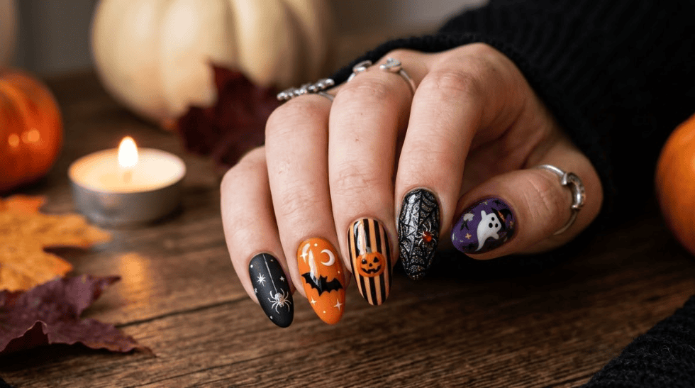 Halloween nails, spooky nail art, cute Halloween nails, pumpkin nail designs, ghost nail ideas, spiderweb manicure, black cat nails, blood drip nails, skull nail art, witch inspired nails