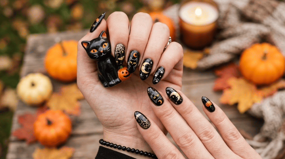 Halloween nails, spooky nail art, cute Halloween nails, pumpkin nail designs, ghost nail ideas, spiderweb manicure, black cat nails, blood drip nails, skull nail art, witch inspired nails
