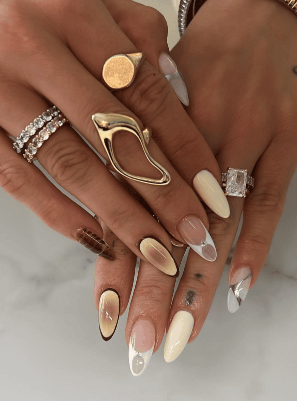 summer to fall nails, transition nail ideas, chic nail designs 2026, butter yellow nails, caramel glazed nails, milky white chrome nails, chocolate French tips, sage green nails, burgundy chrome nails, burnt orange nails