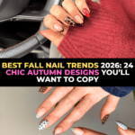 autumn nail designs 2026, fall manicure ideas, burgundy nails, tortoiseshell nails, plaid nails, chrome nails, floral autumn nails, cozy cabin nails, sage green nails, argyle nails