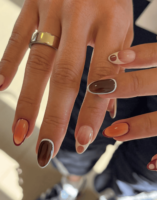 September nail trends 2026, fall nail colors, pumpkin spice nails, burgundy fall nails, chocolate brown manicure, plaid nail designs, caramel glazed nails, olive green nails, tortoiseshell nails, velvet cat eye nails