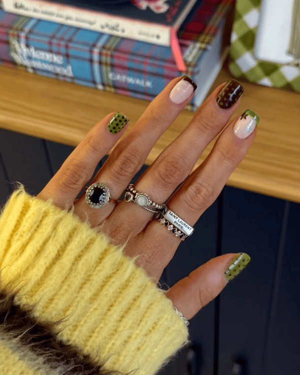 September nail trends 2026, fall nail colors, pumpkin spice nails, burgundy fall nails, chocolate brown manicure, plaid nail designs, caramel glazed nails, olive green nails, tortoiseshell nails, velvet cat eye nails